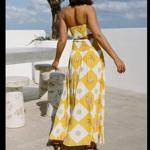 NWT Sabo Skirt Venetian Smocked Cut Out Maxi Dress in Oceano Yellow - Picture 3 of 5